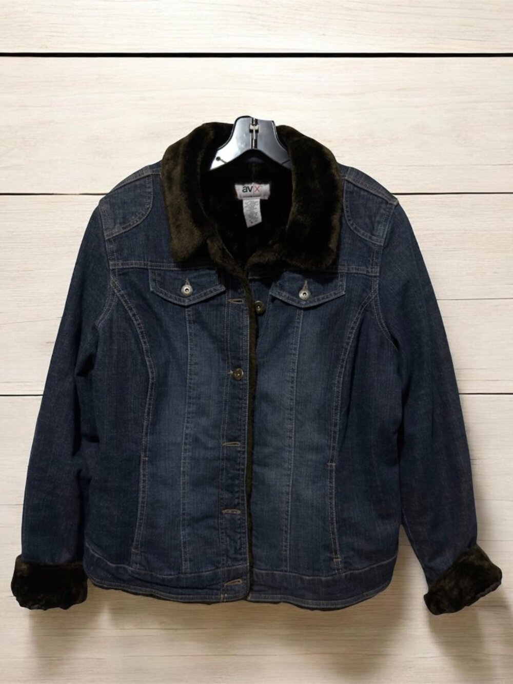 Avenue AV/X Dark Wash Denim Faux Fur Trim Trucker Jacket Plus Size
